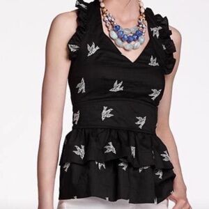 Anthropologie Girls from Savoy Swallow Dive Black Halter Top Embroidered Birds